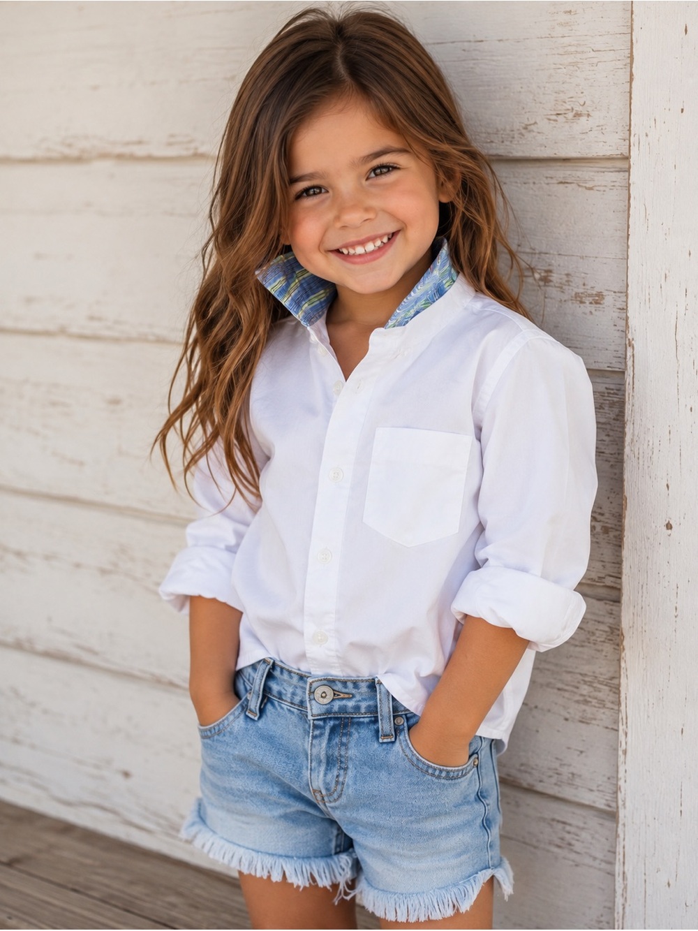 Toddler White Button-Up Shirt with handmade Peach & Blue Flower Appliqués by me.